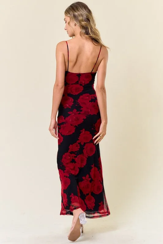 Millie Sleeveless Floral Print Mesh Maxi Dress Black