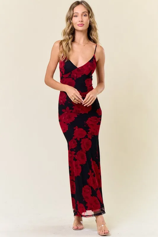 Millie Sleeveless Floral Print Mesh Maxi Dress Black