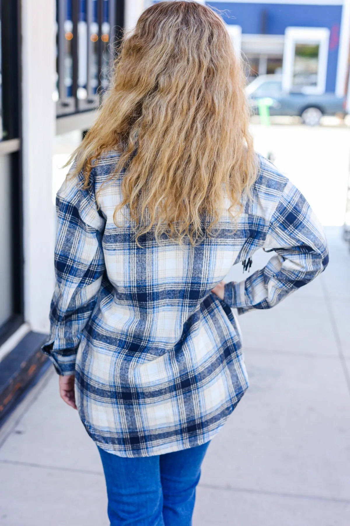 Navy Plaid Fringe Button Down Shacket