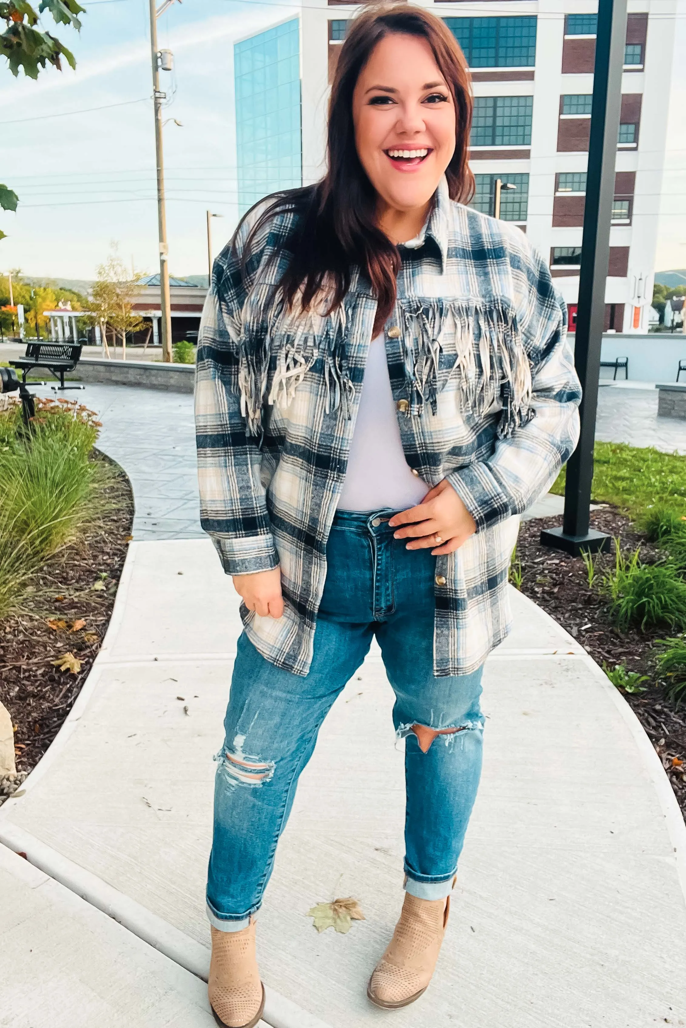 Navy Plaid Fringe Button Down Shacket