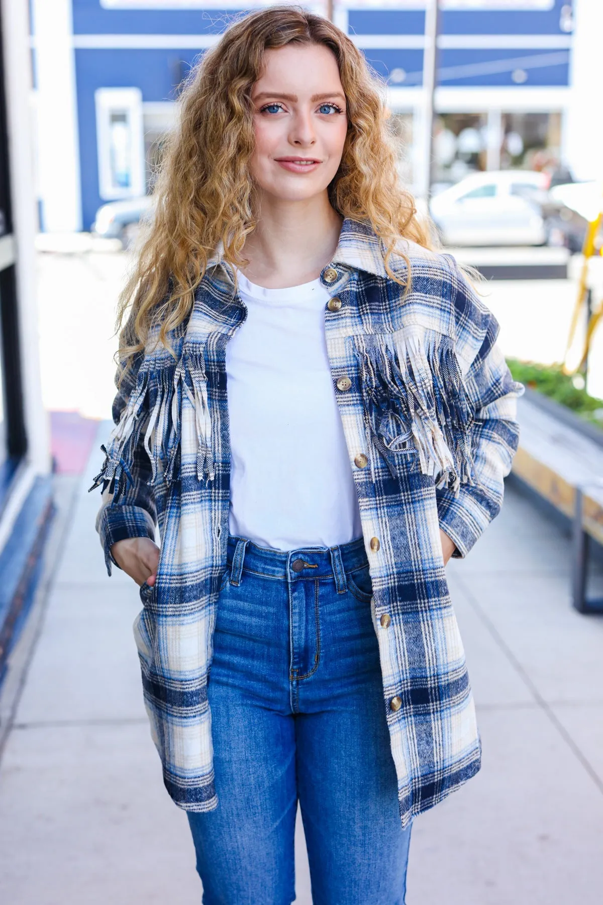 Navy Plaid Fringe Button Down Shacket