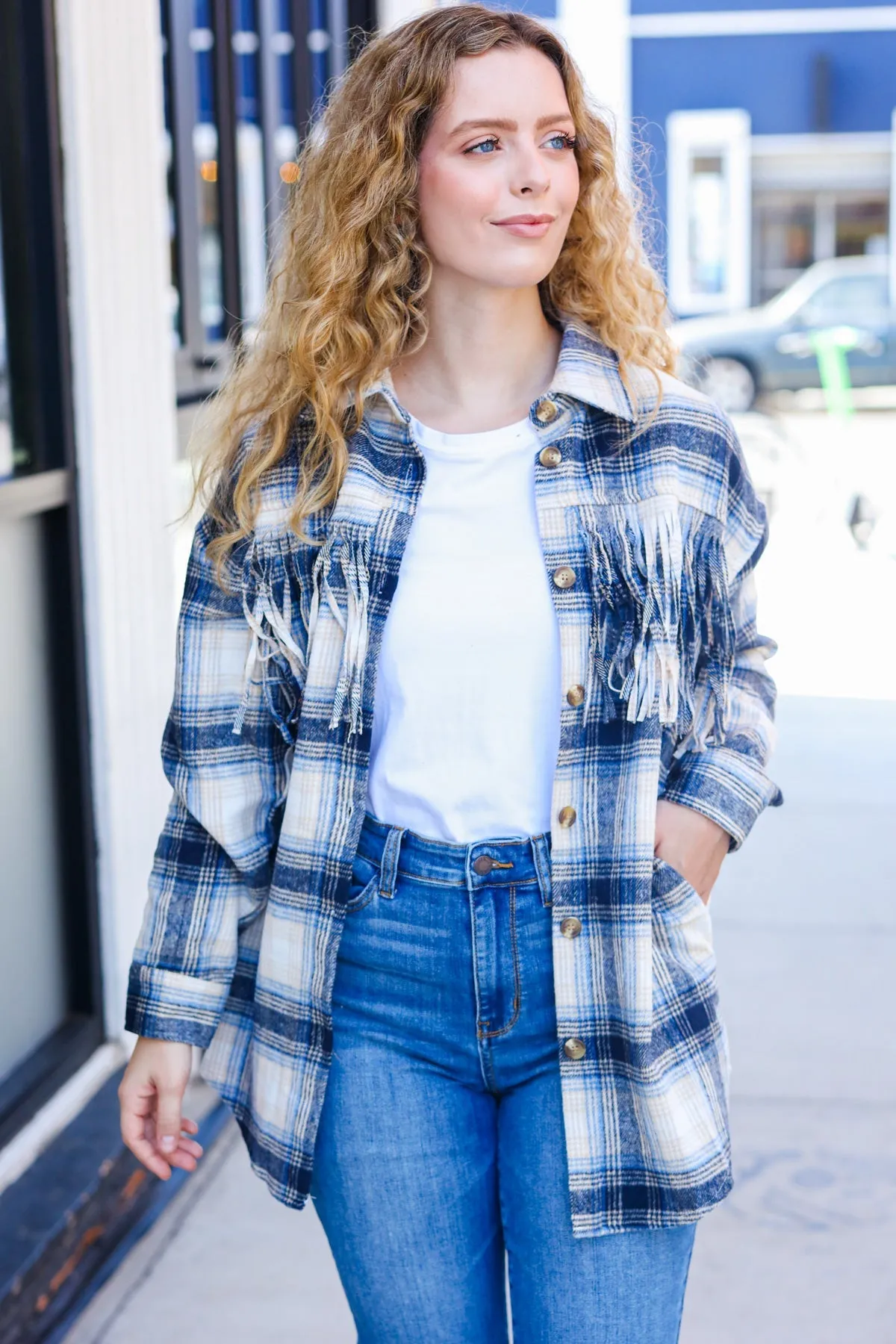 Navy Plaid Fringe Button Down Shacket