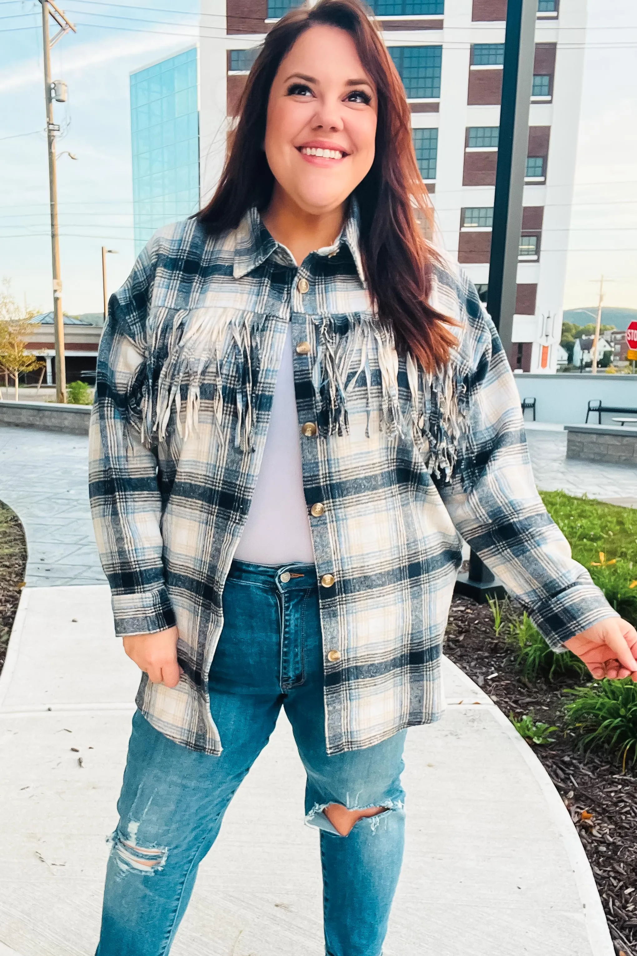 Navy Plaid Fringe Button Down Shacket