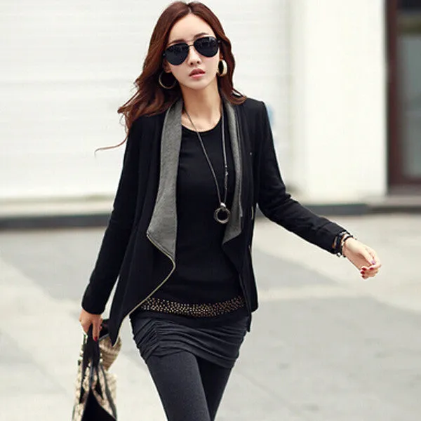 New Fashion Women Autumn Korean Style Slim Turn Down Lapel Collar Side Zipper Coat Jacket