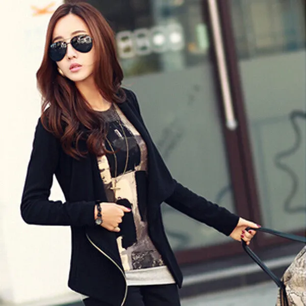 New Fashion Women Autumn Korean Style Slim Turn Down Lapel Collar Side Zipper Coat Jacket