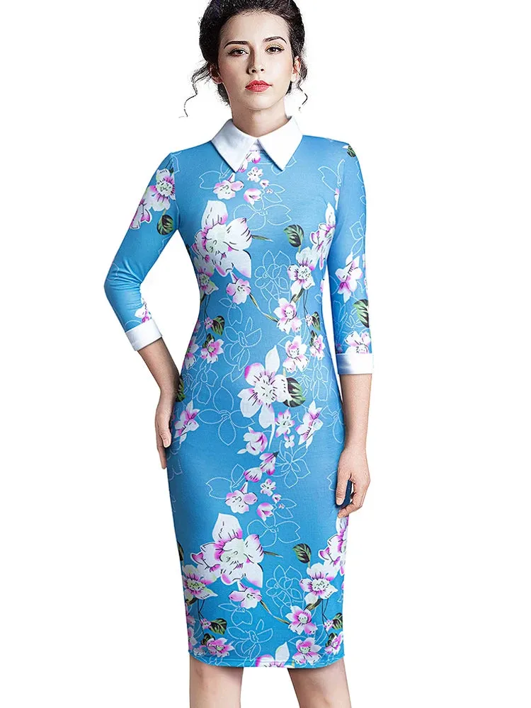 Nice-forever Career Women Autumn Turn-down Collar Fit Work Dress Vintage Elegant Business office Pencil bodycon Midi Dress 751