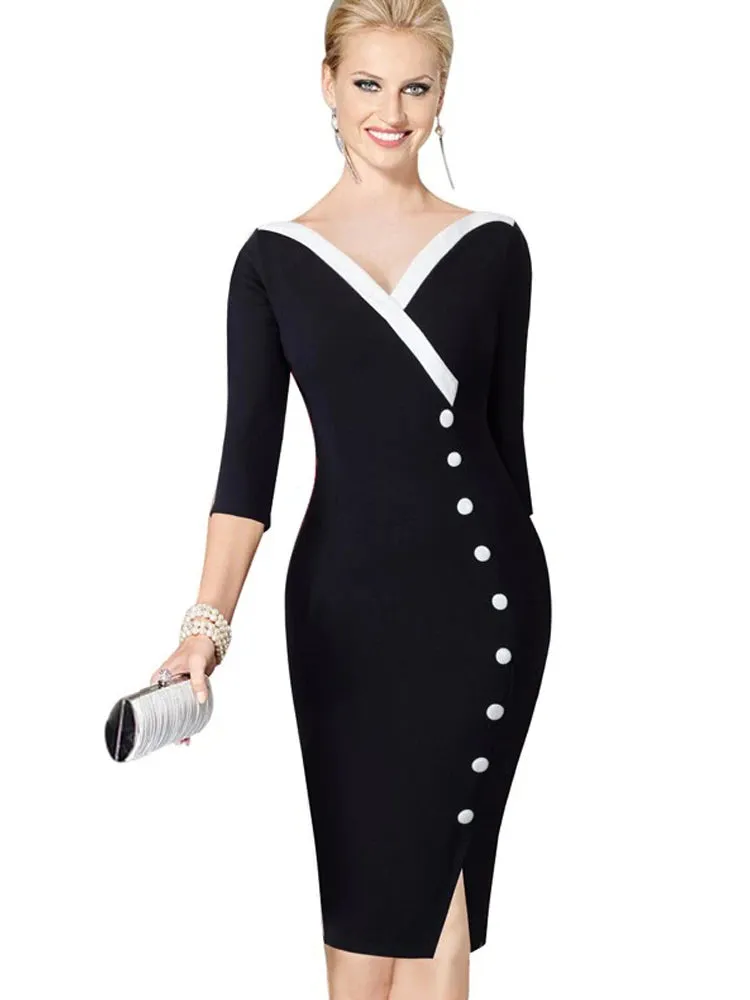 Nice-forever  Mature Elegant Sexy V-neck Stylish Button Work dress Office Bodycon Female 3/4 Sleeve Sheath Woman Dress B335