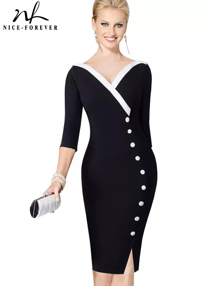 Nice-forever  Mature Elegant Sexy V-neck Stylish Button Work dress Office Bodycon Female 3/4 Sleeve Sheath Woman Dress B335