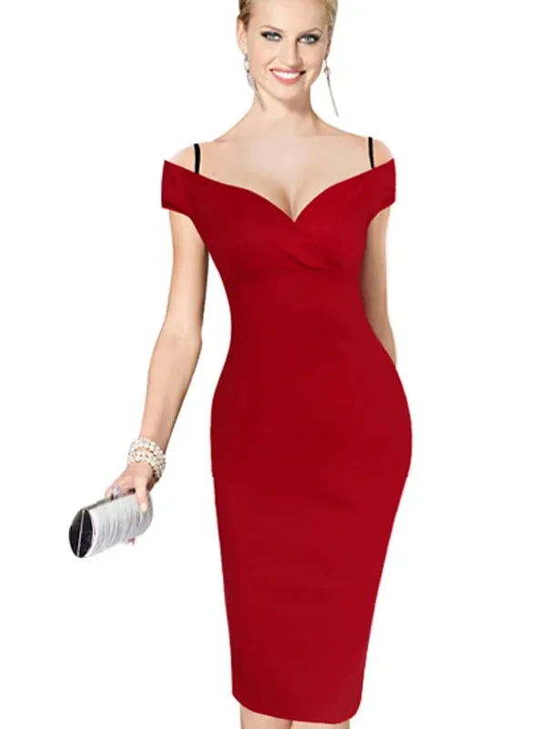 Nice-forever New Sexy Elegant Solid Stylish Casual Work Strap Slash Neck Bodycon Knee Midi Women Formal Pencil Dress B309