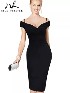 Nice-forever New Sexy Elegant Solid Stylish Casual Work Strap Slash Neck Bodycon Knee Midi Women Formal Pencil Dress B309