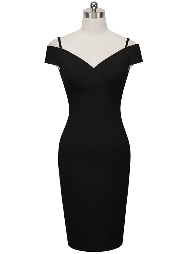 Nice-forever New Sexy Elegant Solid Stylish Casual Work Strap Slash Neck Bodycon Knee Midi Women Formal Pencil Dress B309