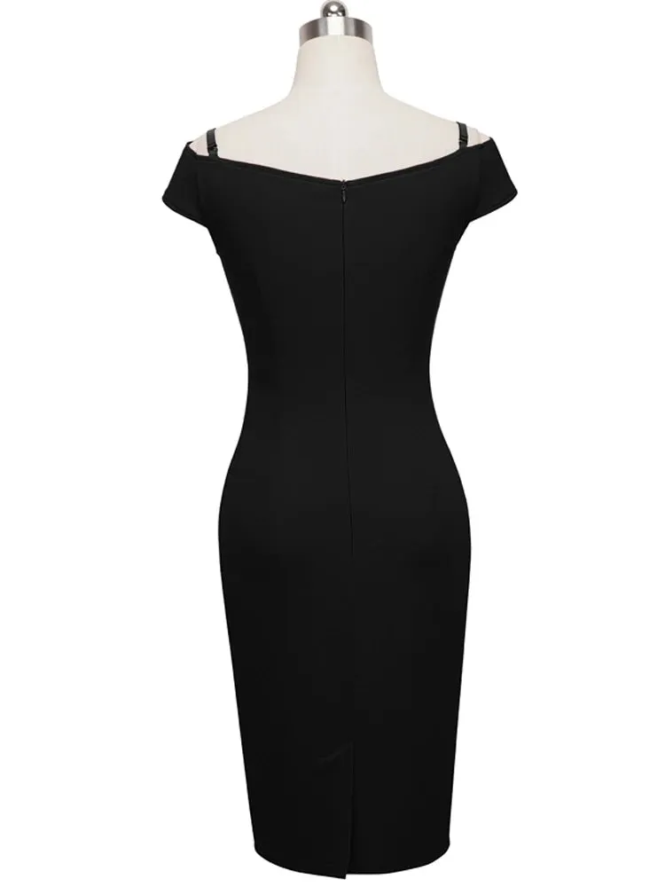 Nice-forever New Sexy Elegant Solid Stylish Casual Work Strap Slash Neck Bodycon Knee Midi Women Formal Pencil Dress B309