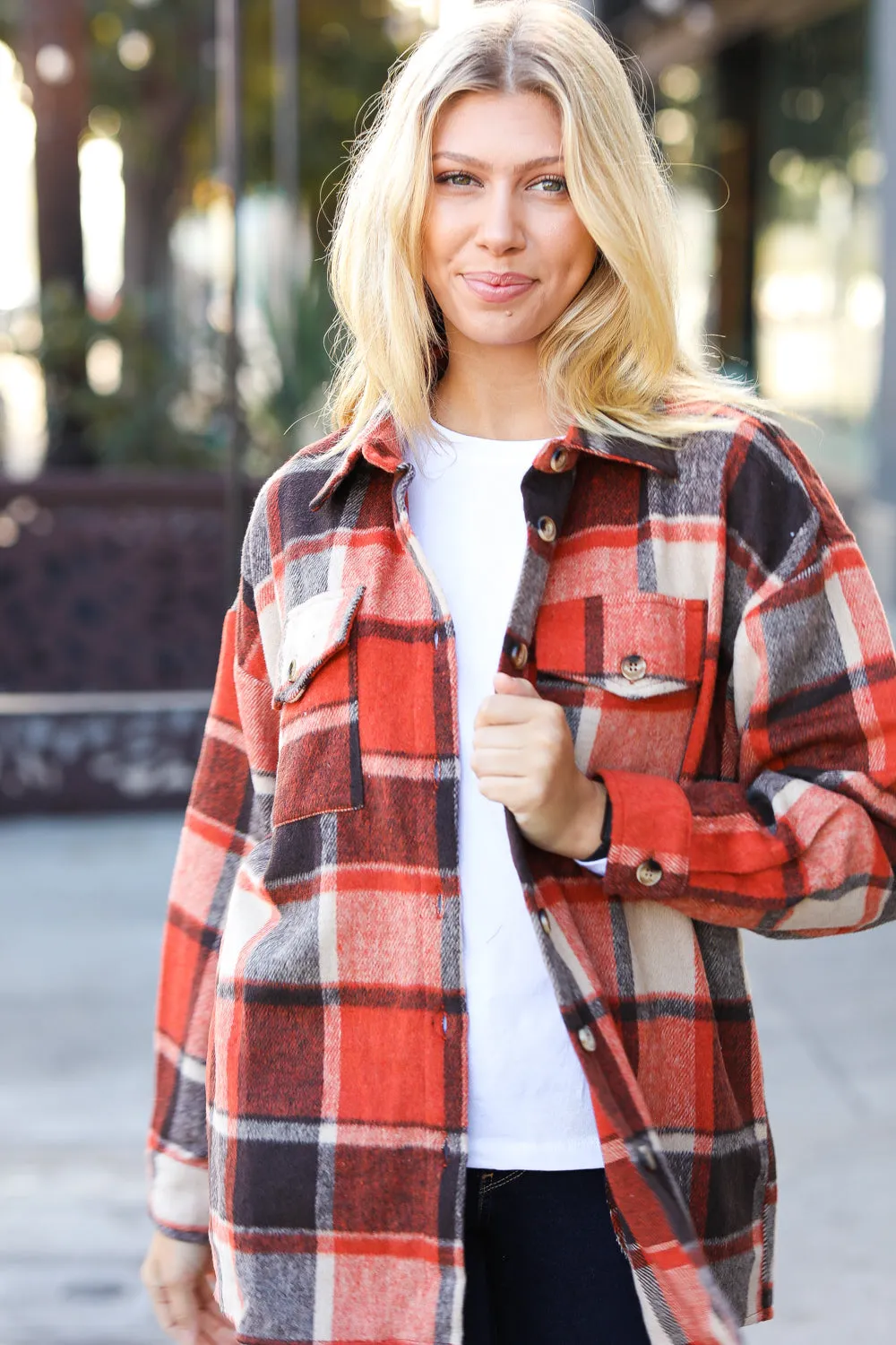 On My Way Up Rust Plaid Flannel Button Down Shacket