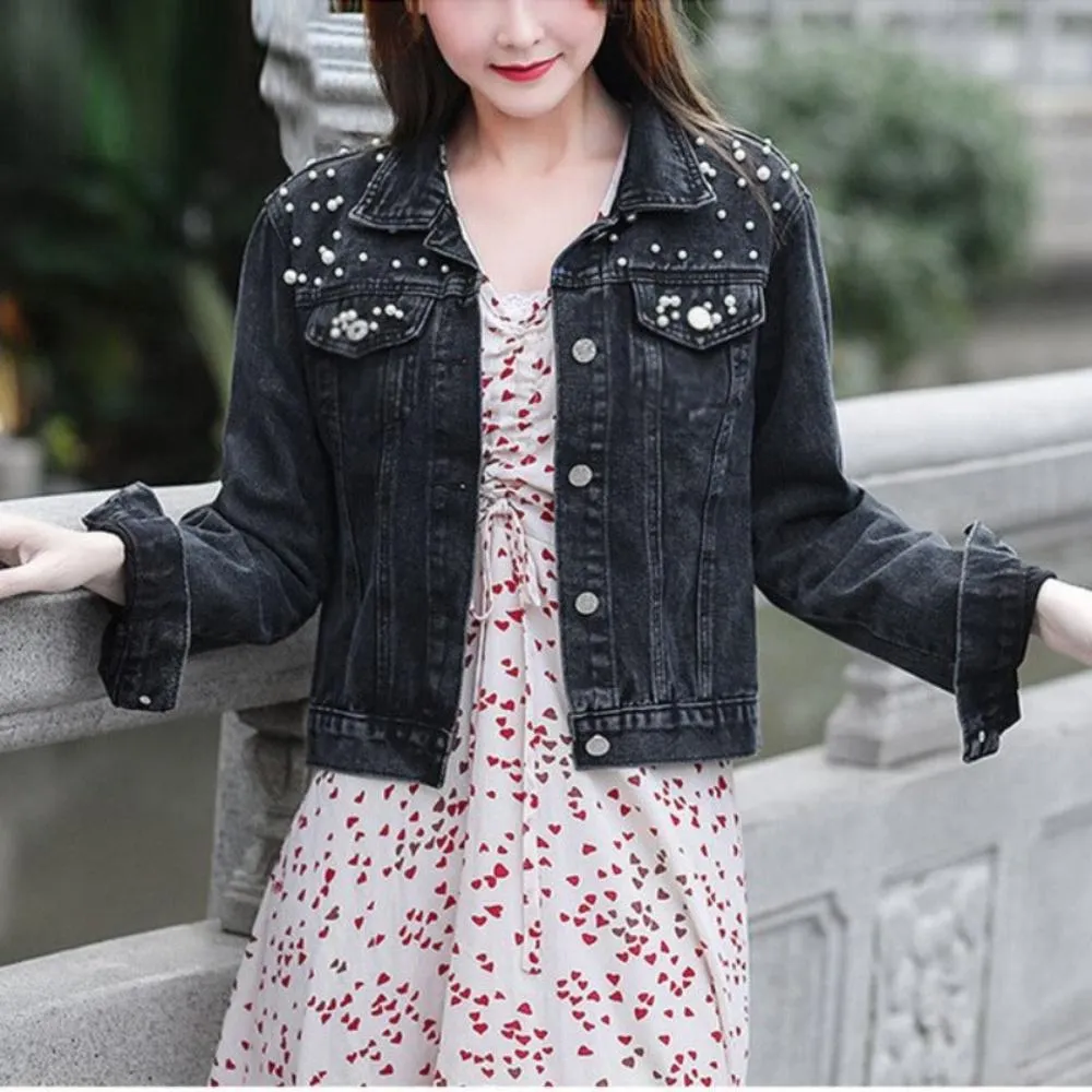 Pearl Beading Short Jean Bomber