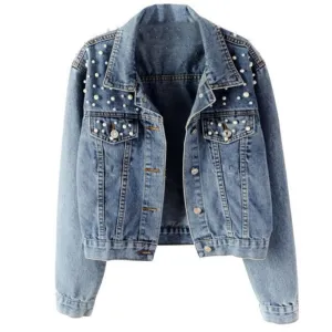 Pearl Beading Short Jean Bomber