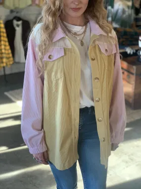 Pink and Yellow Color Block Corduroy Shacket