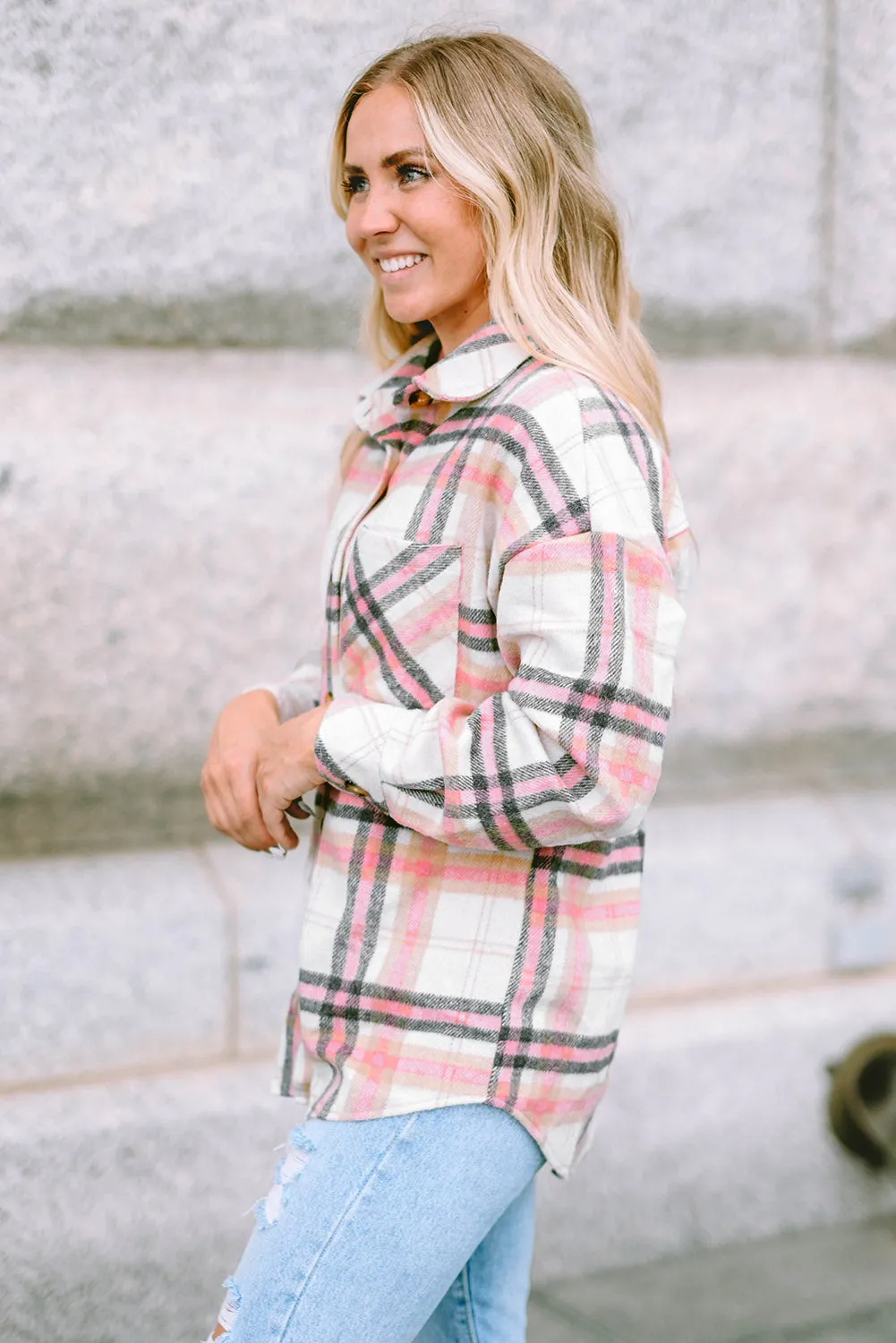 Pink Plaid Button Front Chest Pocket Shacket