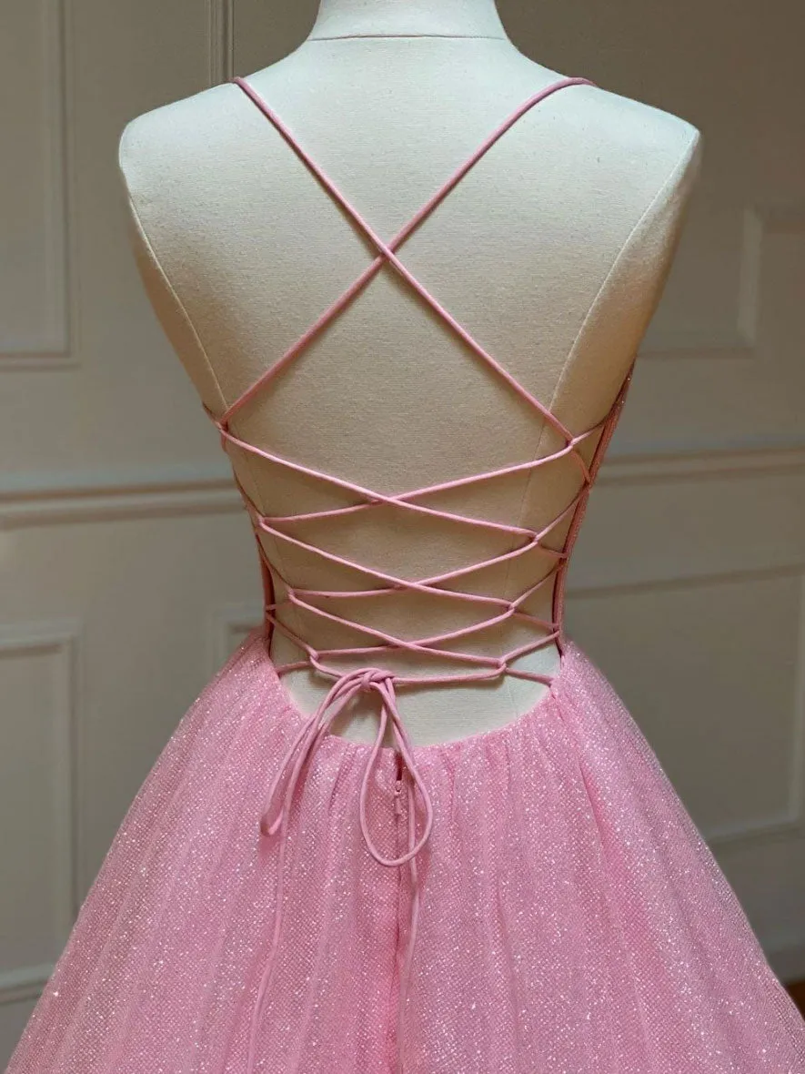 Pink V Neck Long Prom Dress, Pink A-line Sequin Tulle Evening Dress