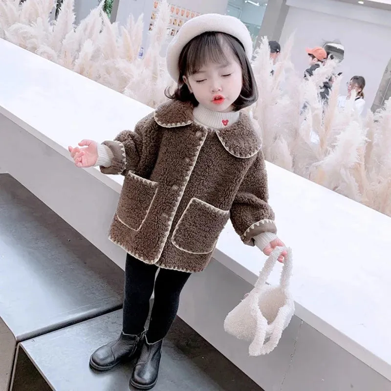 Plush Girls Coat Spring Autumn Lambswool Children's Outerwear New Fashion Korean Version Kids Jacket 1-7 Years Baby Girl Clothes