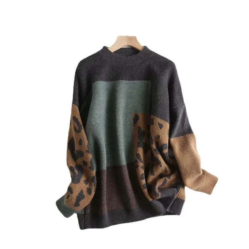 Pre Order:  Leopard Patchwork Long Sleeve Knitted Sweater