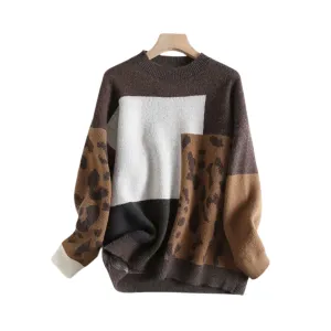 Pre Order:  Leopard Patchwork Long Sleeve Knitted Sweater