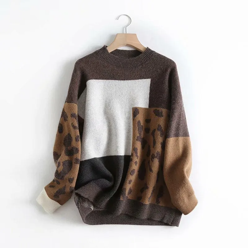 Pre Order:  Leopard Patchwork Long Sleeve Knitted Sweater