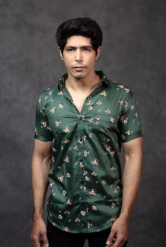 Printed Half Sleeve Shirt - Men Cotton Green Printed Shirt