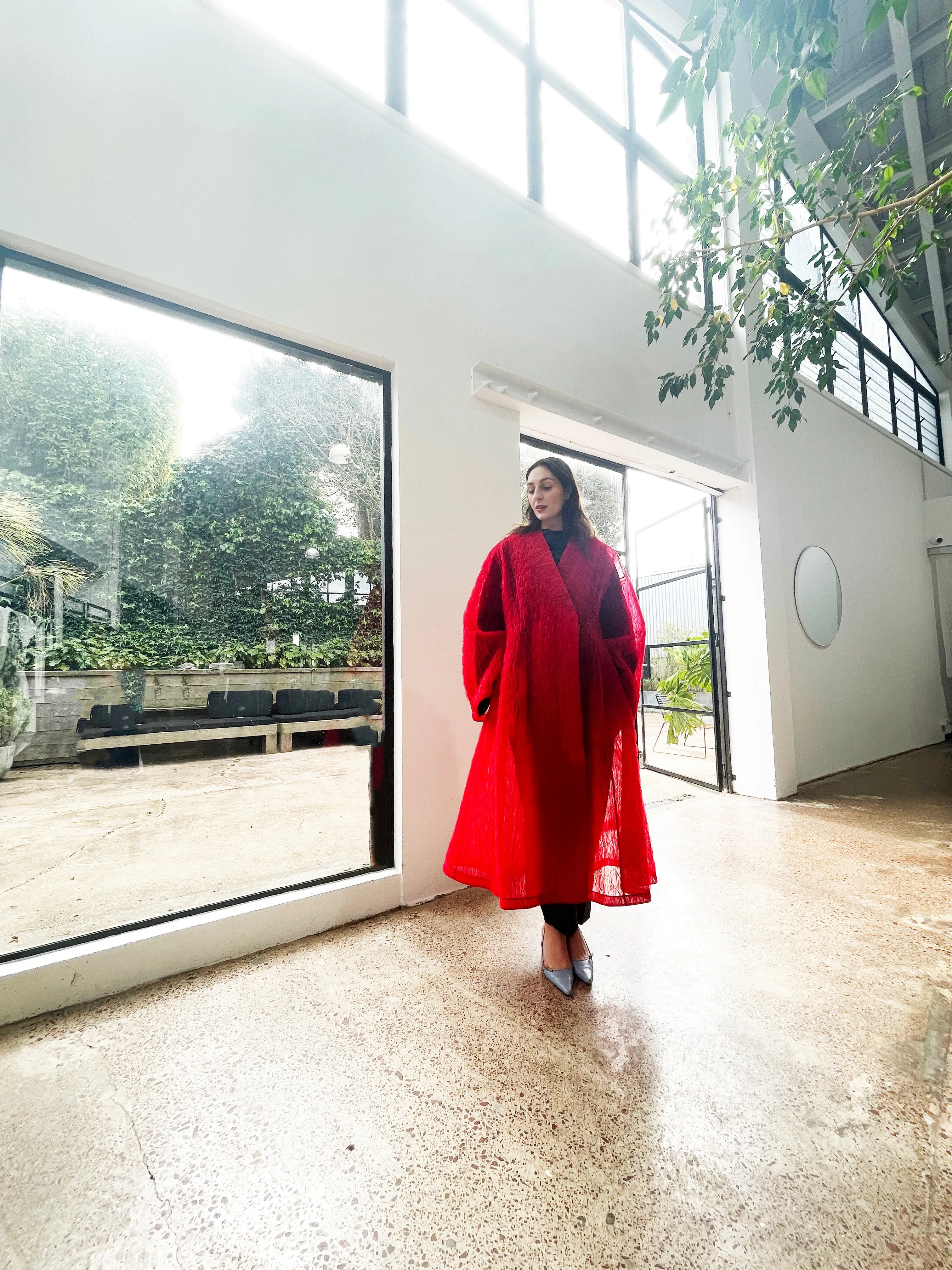 Quilted French Tulle Coat in Empress Red