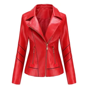 Red Leather Jacket Women fashion Casual Biker Jackets Outwear Female Tops spring and autumn  Leather Jacket Coat