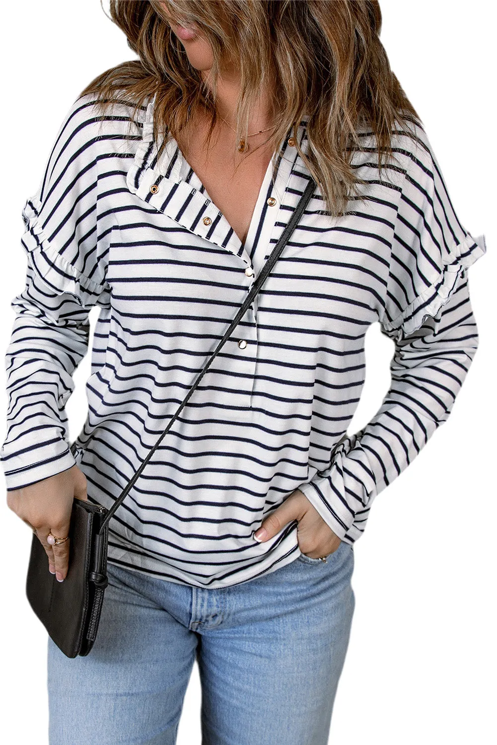 Red Striped Snap Button Frill Neck Long Sleeve Henley Shirt