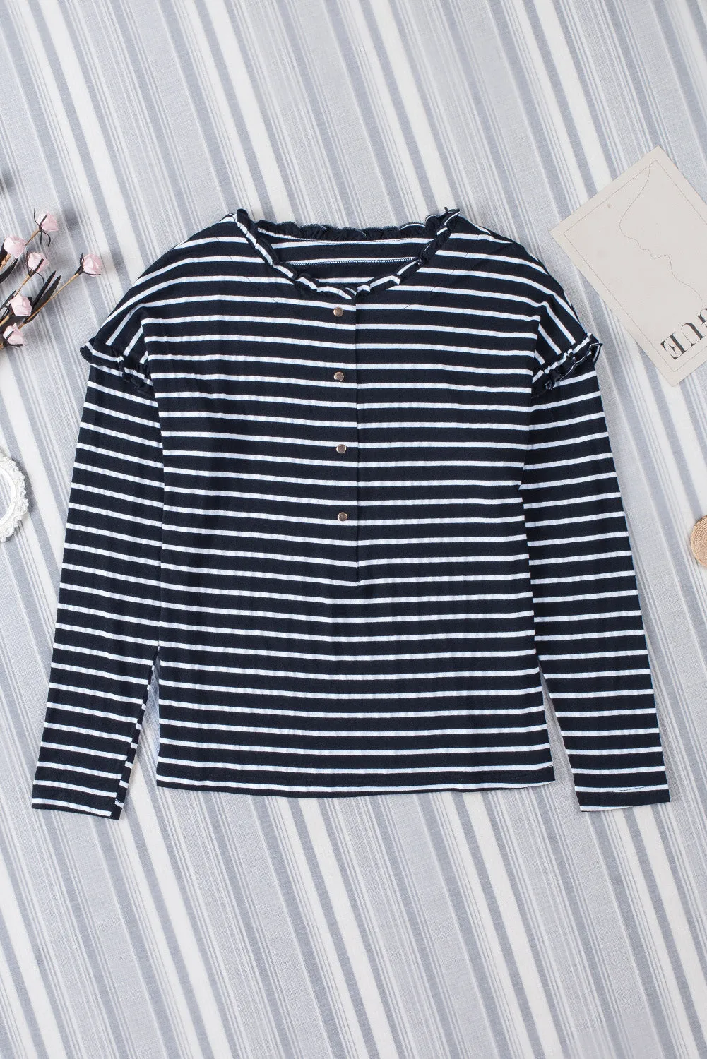 Red Striped Snap Button Frill Neck Long Sleeve Henley Shirt