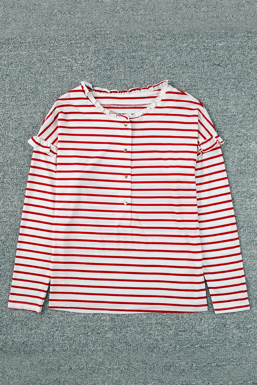 Red Striped Snap Button Frill Neck Long Sleeve Henley Shirt