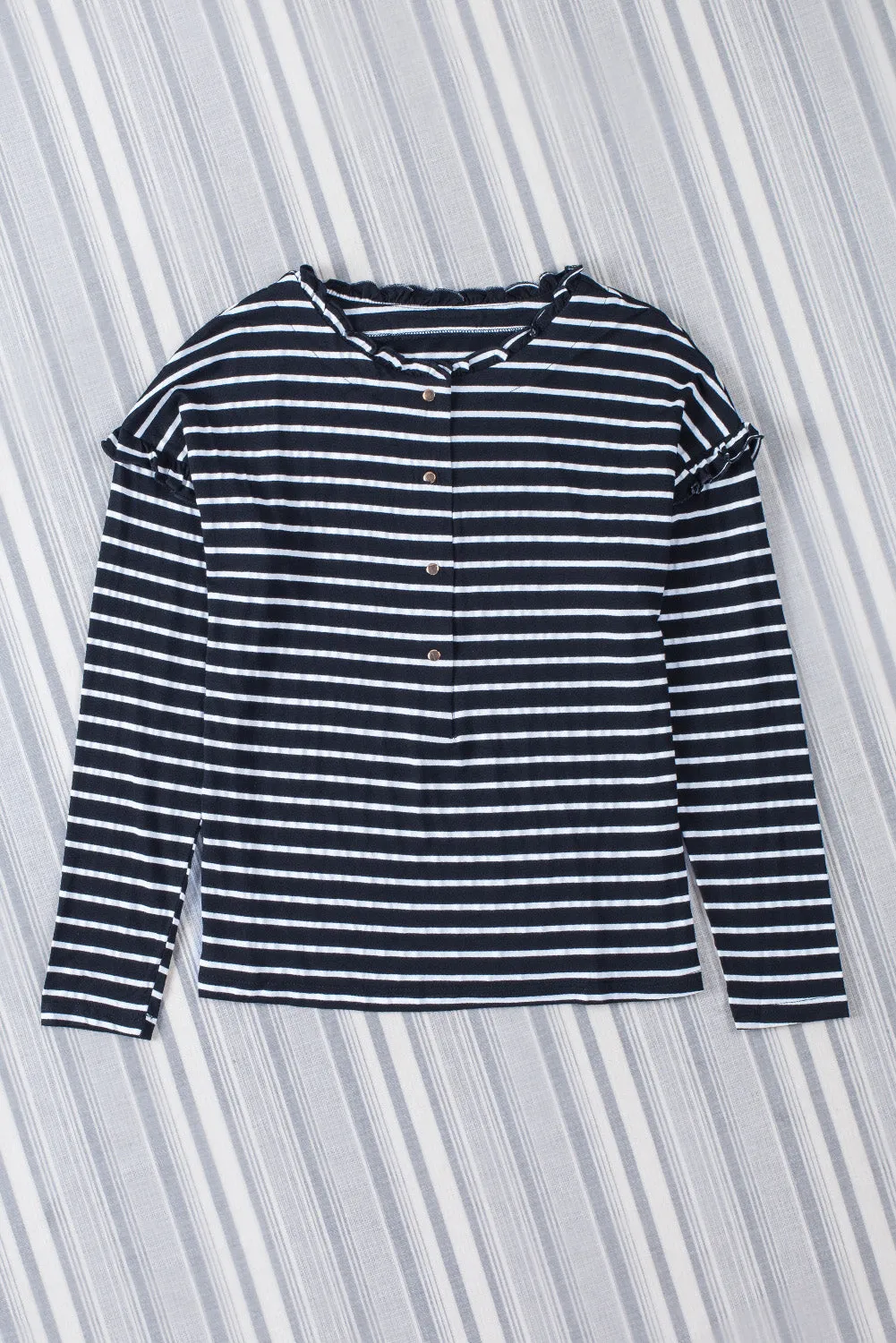 Red Striped Snap Button Frill Neck Long Sleeve Henley Shirt