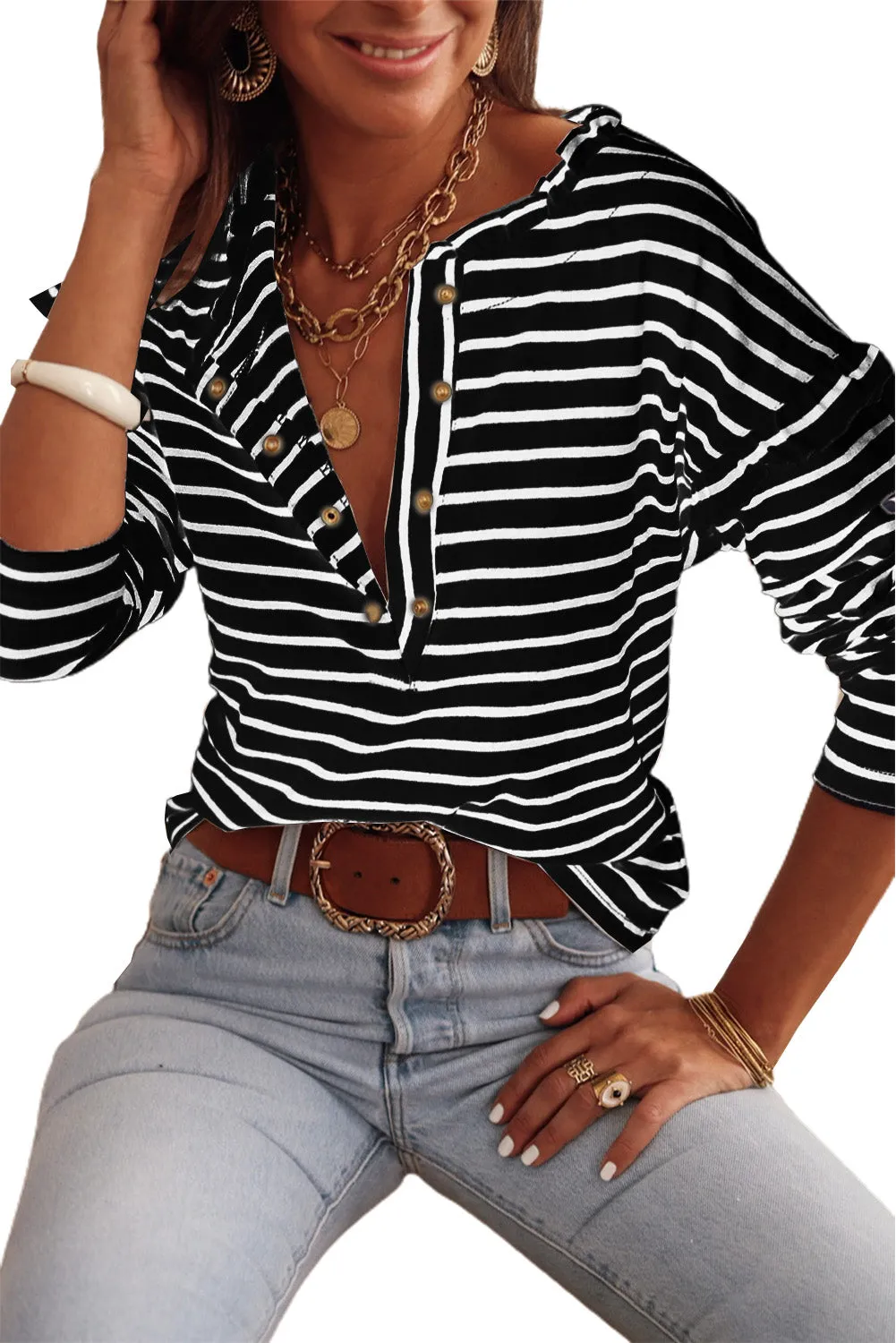 Red Striped Snap Button Frill Neck Long Sleeve Henley Shirt