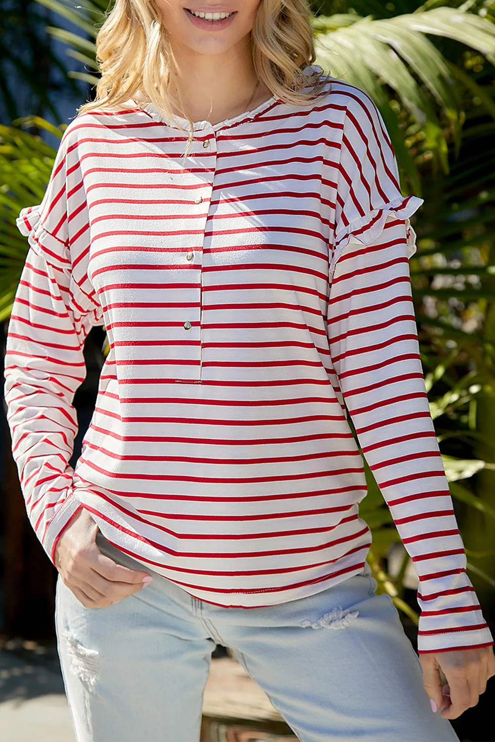 Red Striped Snap Button Frill Neck Long Sleeve Henley Shirt