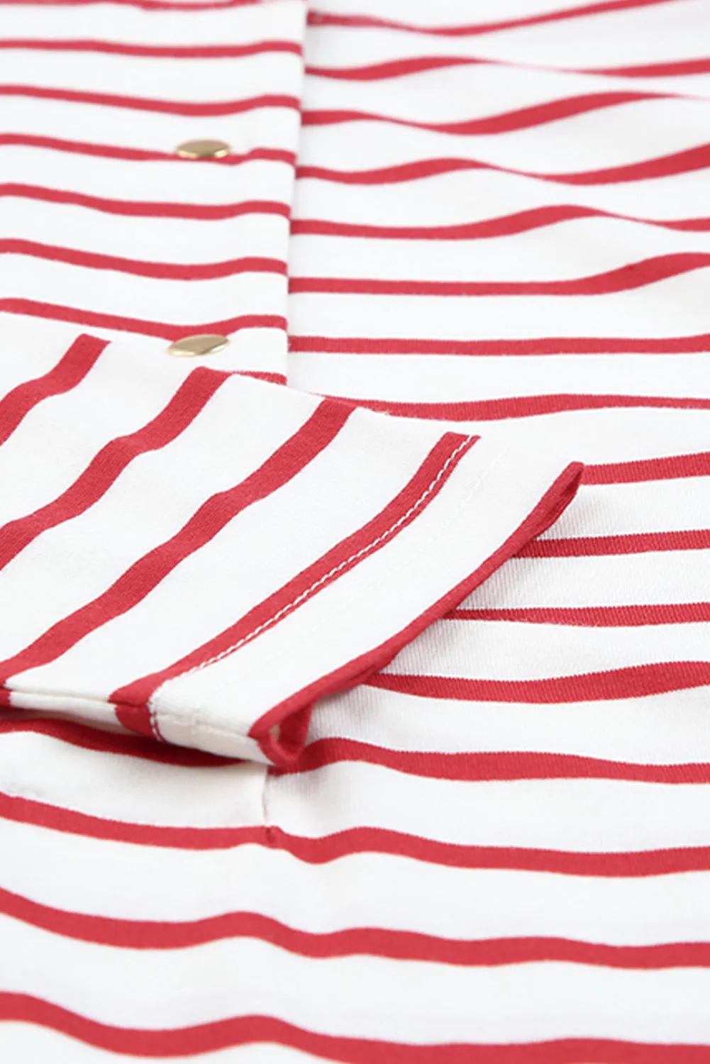 Red Striped Snap Button Frill Neck Long Sleeve Henley Shirt