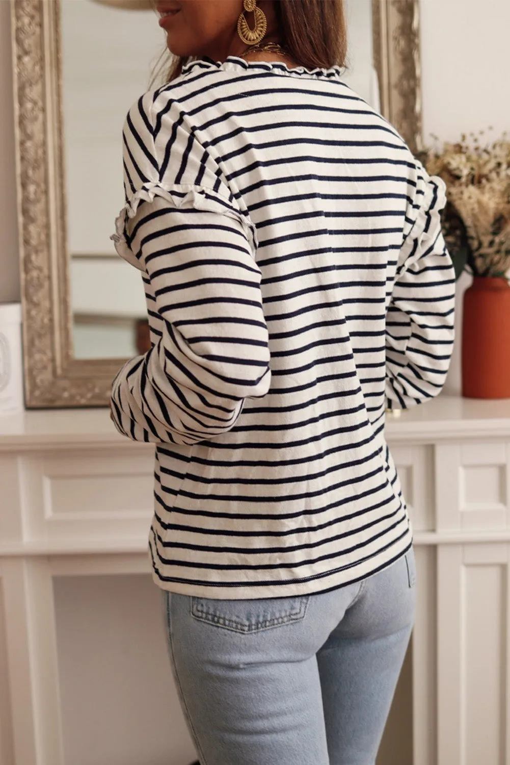 Red Striped Snap Button Frill Neck Long Sleeve Henley Shirt