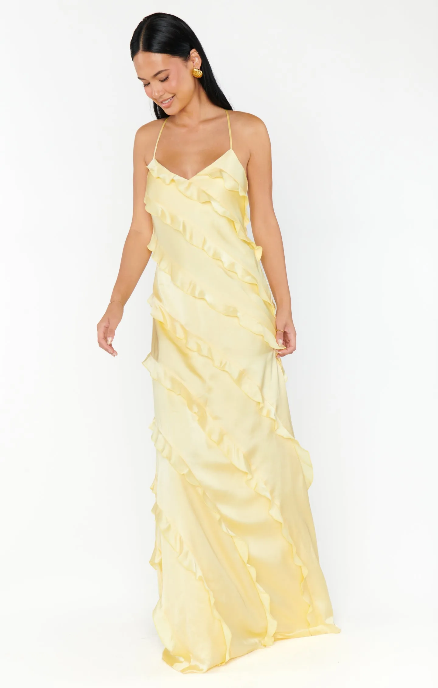 Romance Ruffle Dress ~ Pale Yellow Luxe Satin