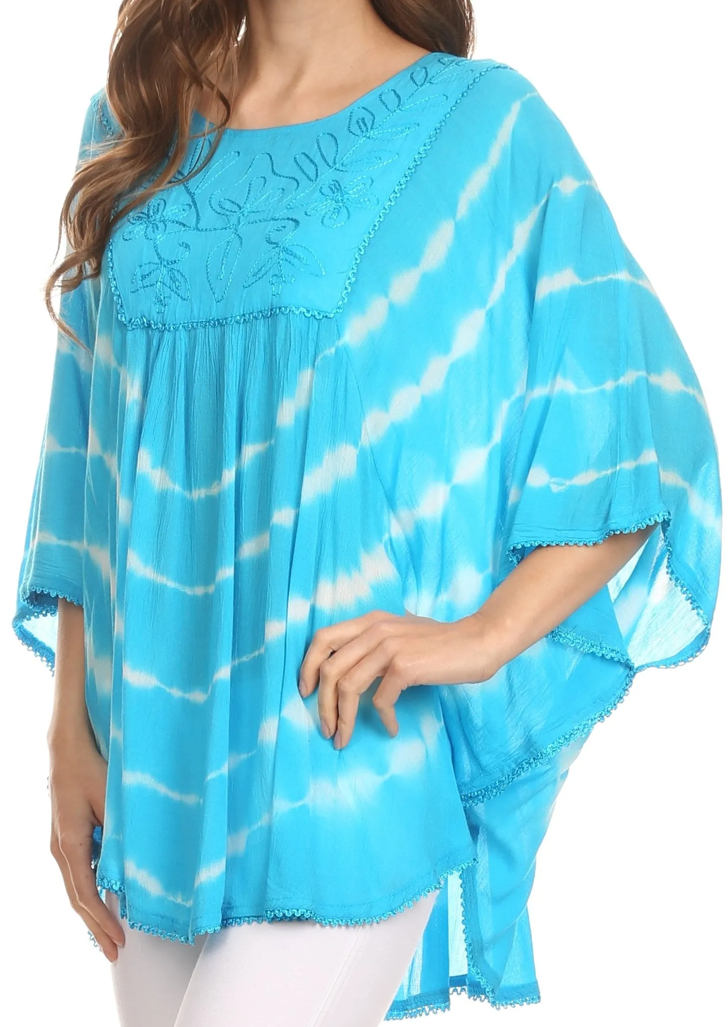 Sakkas Alannis Tie Dye Circle Poncho Top With With Wide Scoop Neck And Embroidery