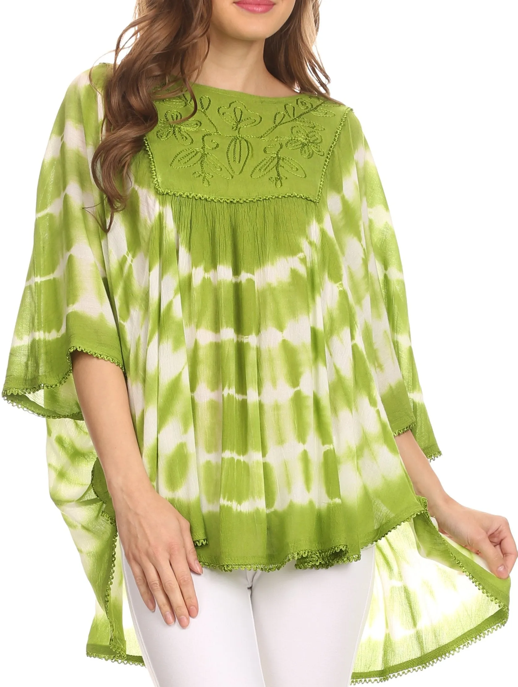 Sakkas Alannis Tie Dye Circle Poncho Top With With Wide Scoop Neck And Embroidery