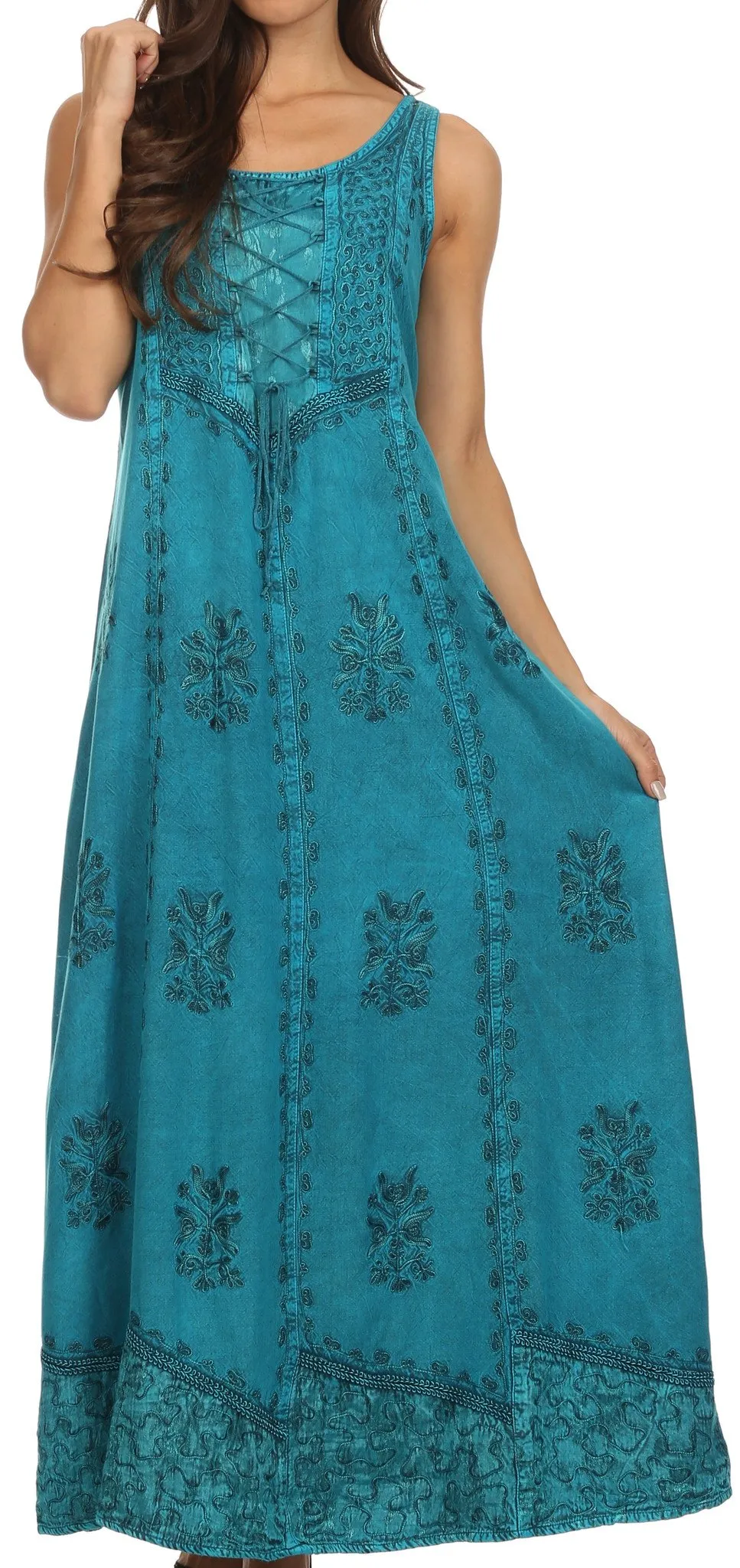 Sakkas Stella Long Tank Top Adjustable Caftan Corset Dress With Embroidery