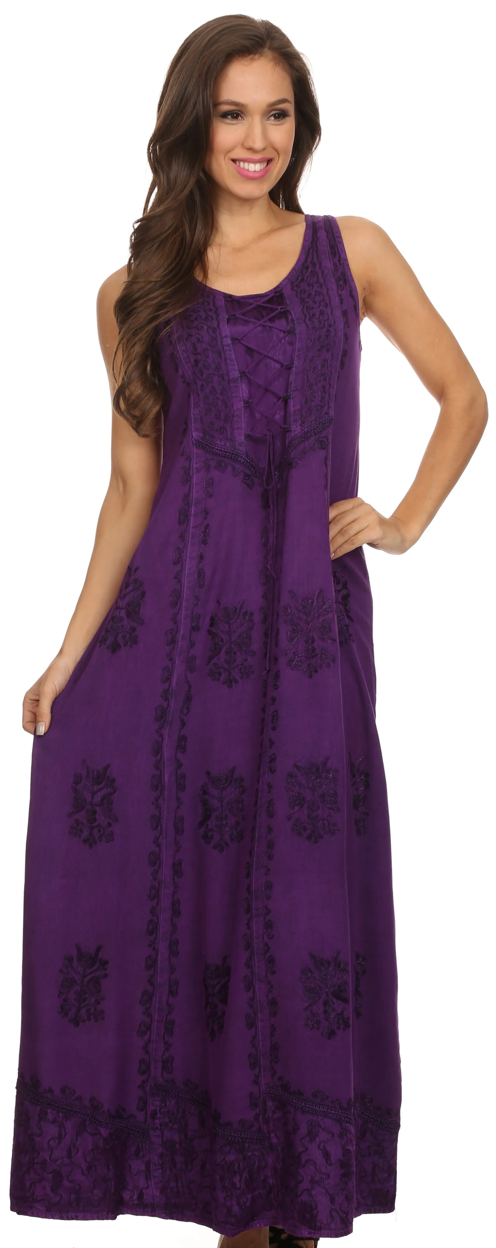 Sakkas Stella Long Tank Top Adjustable Caftan Corset Dress With Embroidery