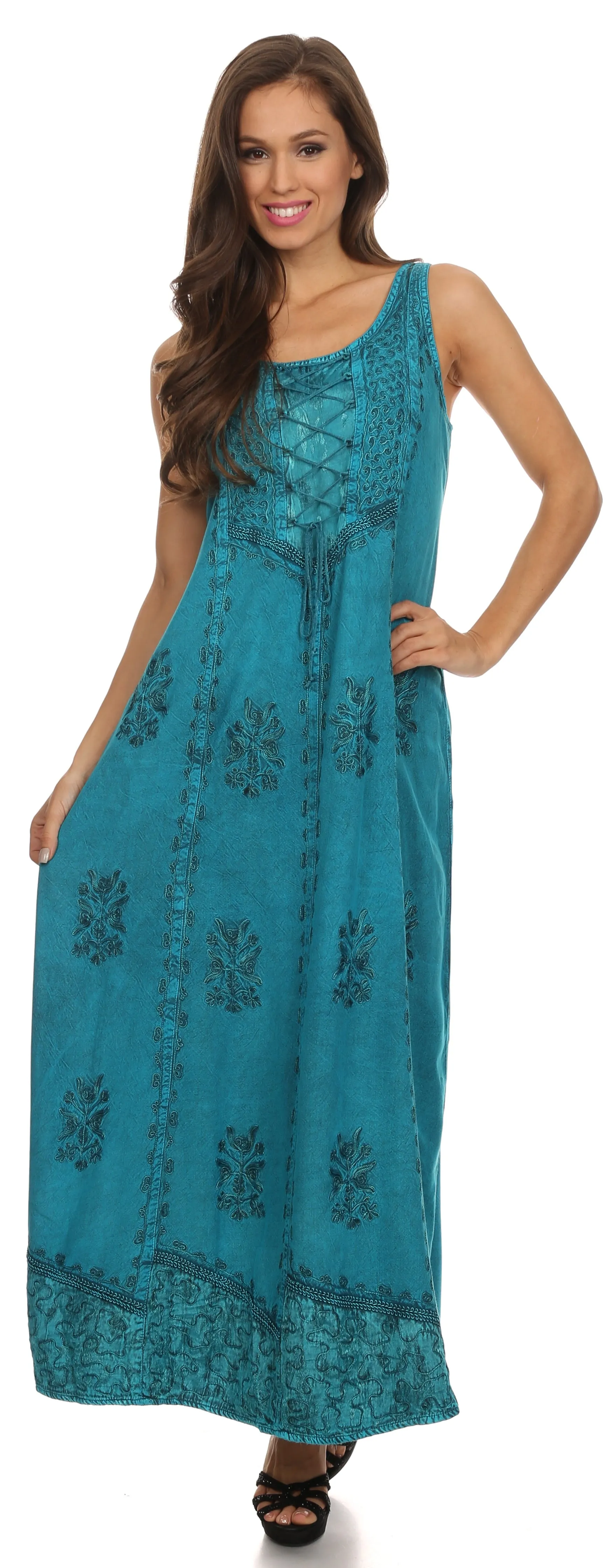 Sakkas Stella Long Tank Top Adjustable Caftan Corset Dress With Embroidery