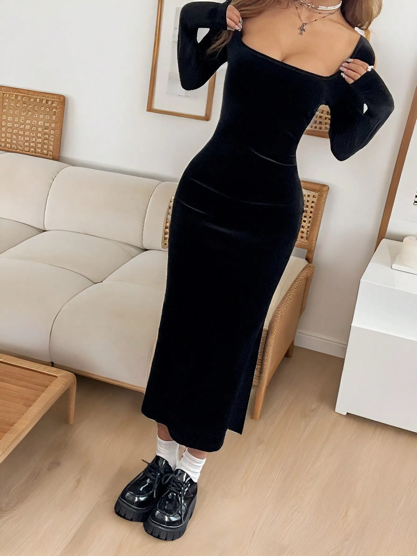 SHEIN EZwear Black And White Tight Striped Square Neck Bodycon Dress