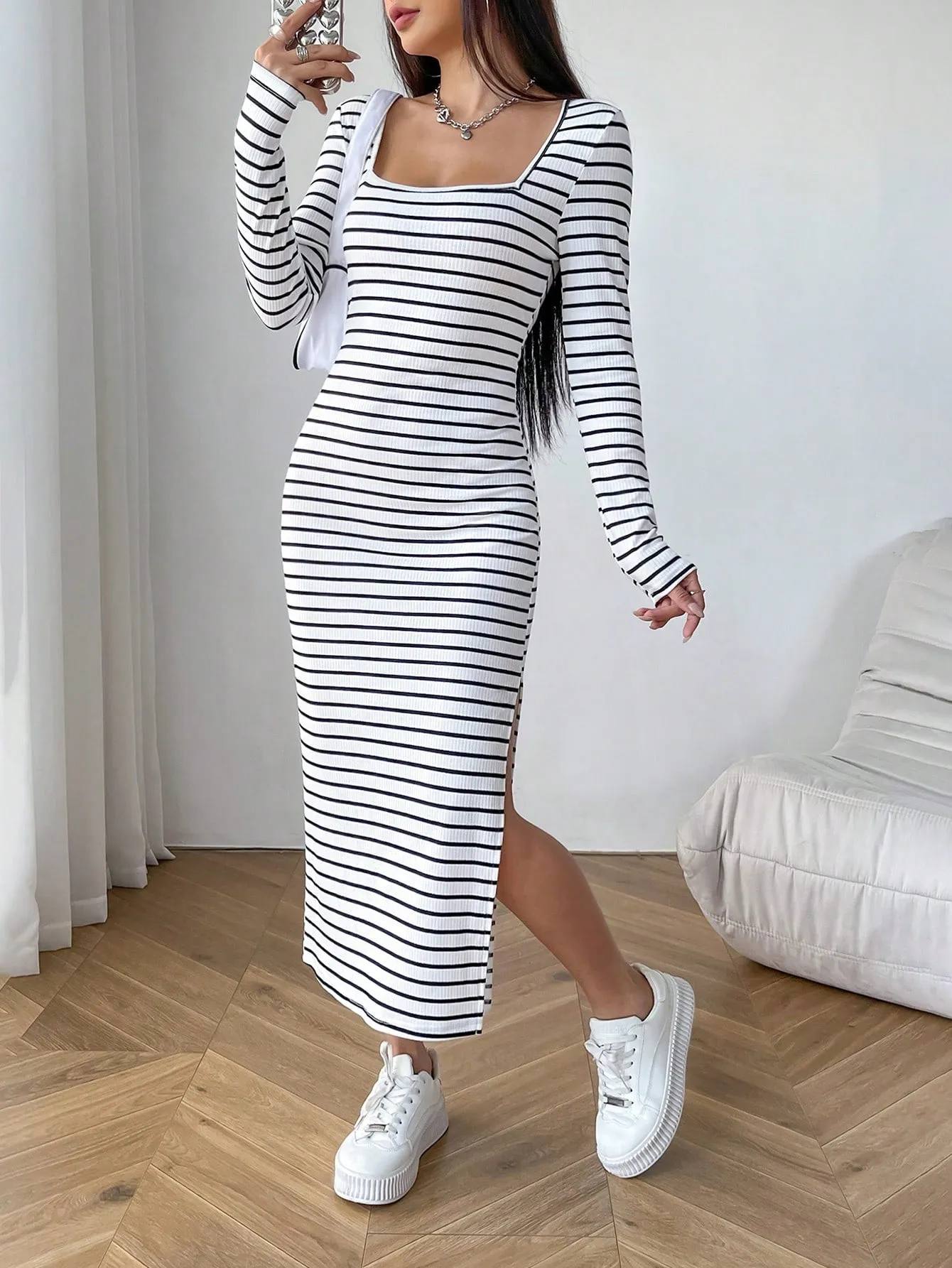 SHEIN EZwear Black And White Tight Striped Square Neck Bodycon Dress