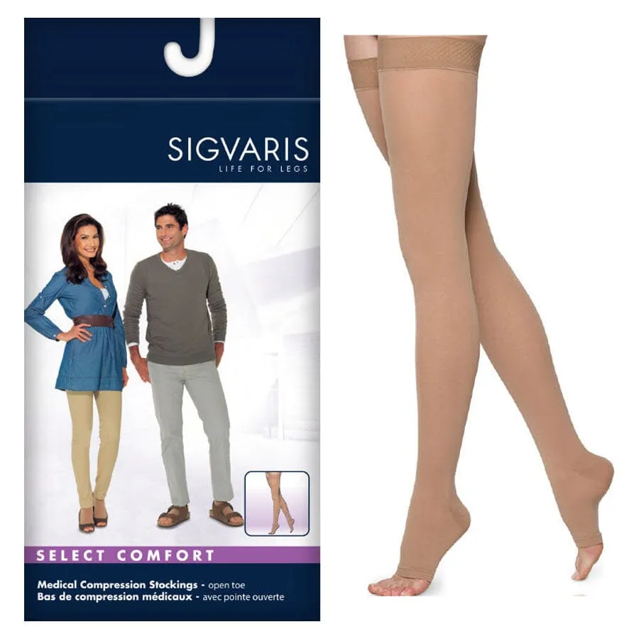 Sigvaris Select Comfort Compression Stocking, Thigh-High, 30 to 40mmHg, with Grip Top, Open Toe, Small, Short, Crispa