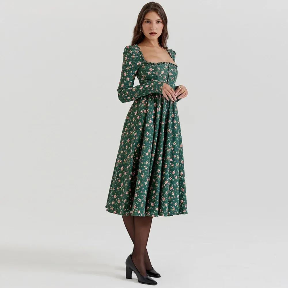 Sladuo Women's Autumn and Winter Fashion Long Sleeves Green Floral Print Midi Dress High Waist Chritmas Party A-line Midi Dress