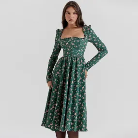 Sladuo Women's Autumn and Winter Fashion Long Sleeves Green Floral Print Midi Dress High Waist Chritmas Party A-line Midi Dress