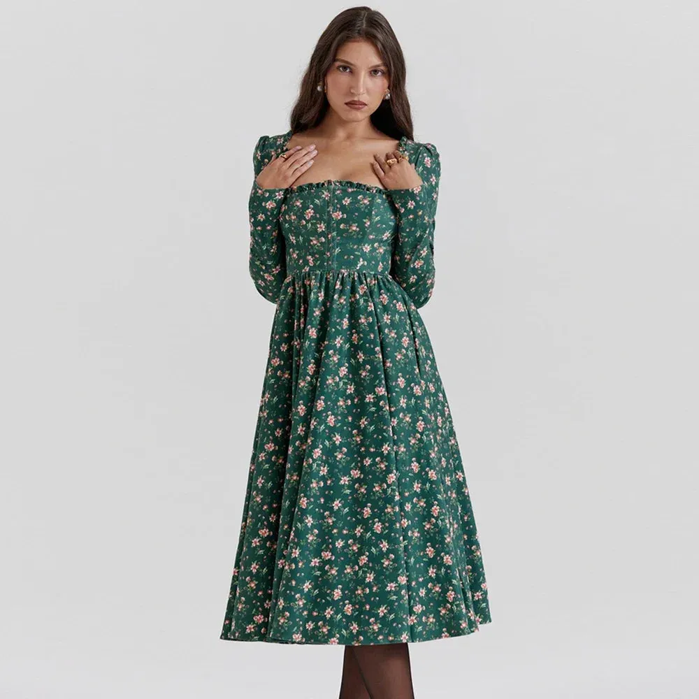 Sladuo Women's Autumn and Winter Fashion Long Sleeves Green Floral Print Midi Dress High Waist Chritmas Party A-line Midi Dress