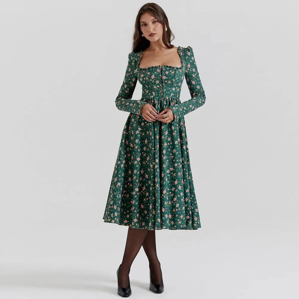 Sladuo Women's Autumn and Winter Fashion Long Sleeves Green Floral Print Midi Dress High Waist Chritmas Party A-line Midi Dress